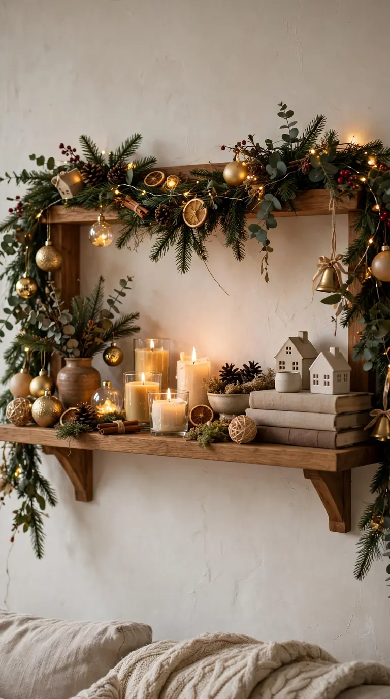 Cozy Christmas shelf decor with garland, ornaments, candles and warm fairy lights in a living room