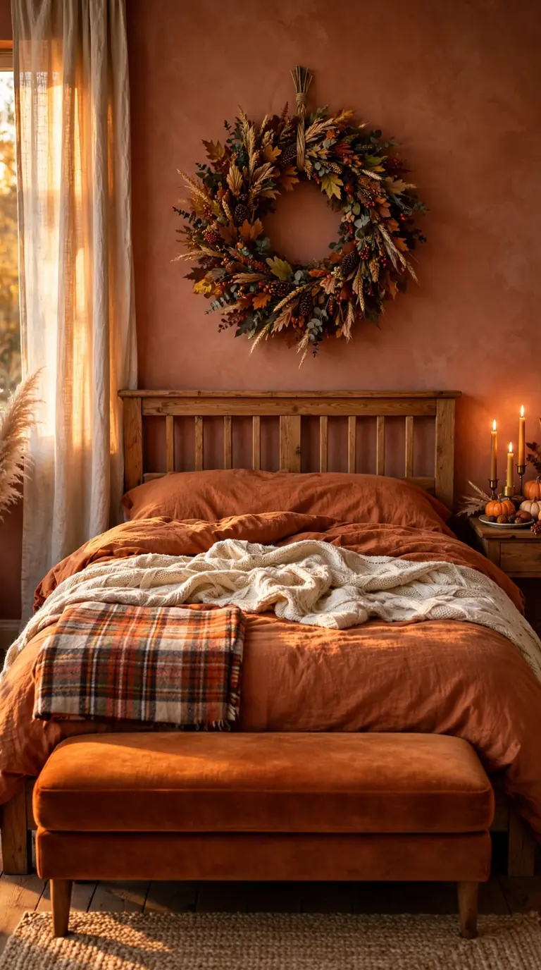 Warm Thanksgiving bedroom decor with rust bedding, autumn wreath above the headboard and glowing candlelight