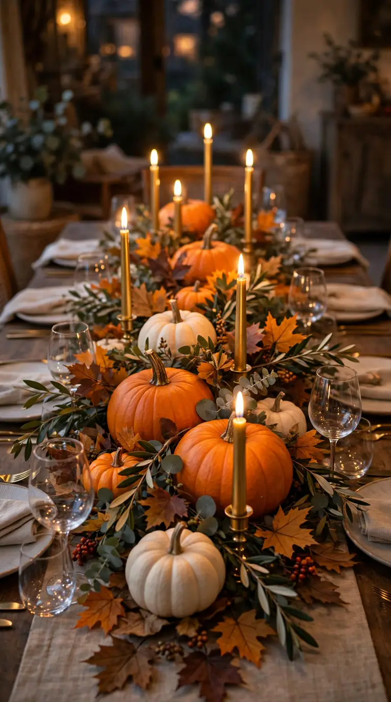 Stunning Thanksgiving table centerpiece with pumpkins, candles and autumn greenery