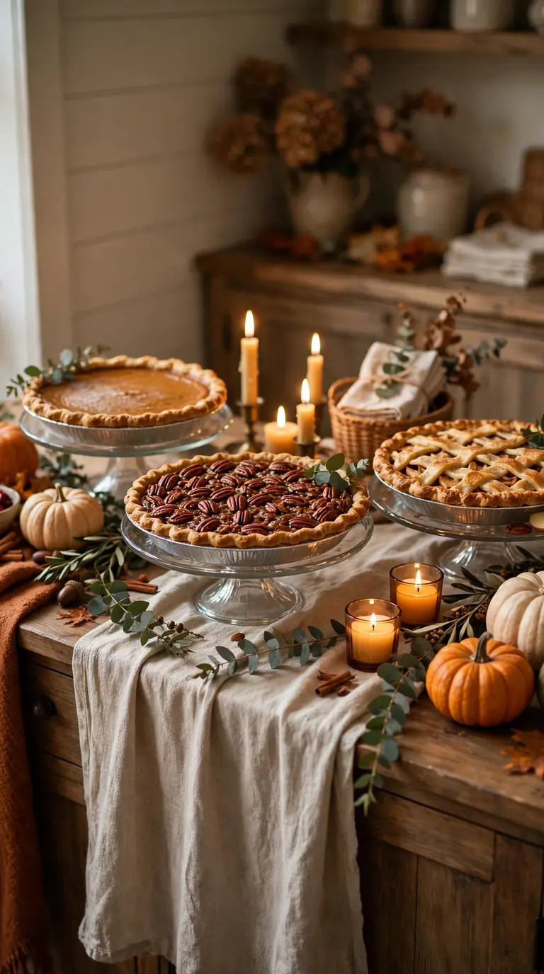 Thanksgiving dessert table with pies, cakes and autumn decorations on a sideboard